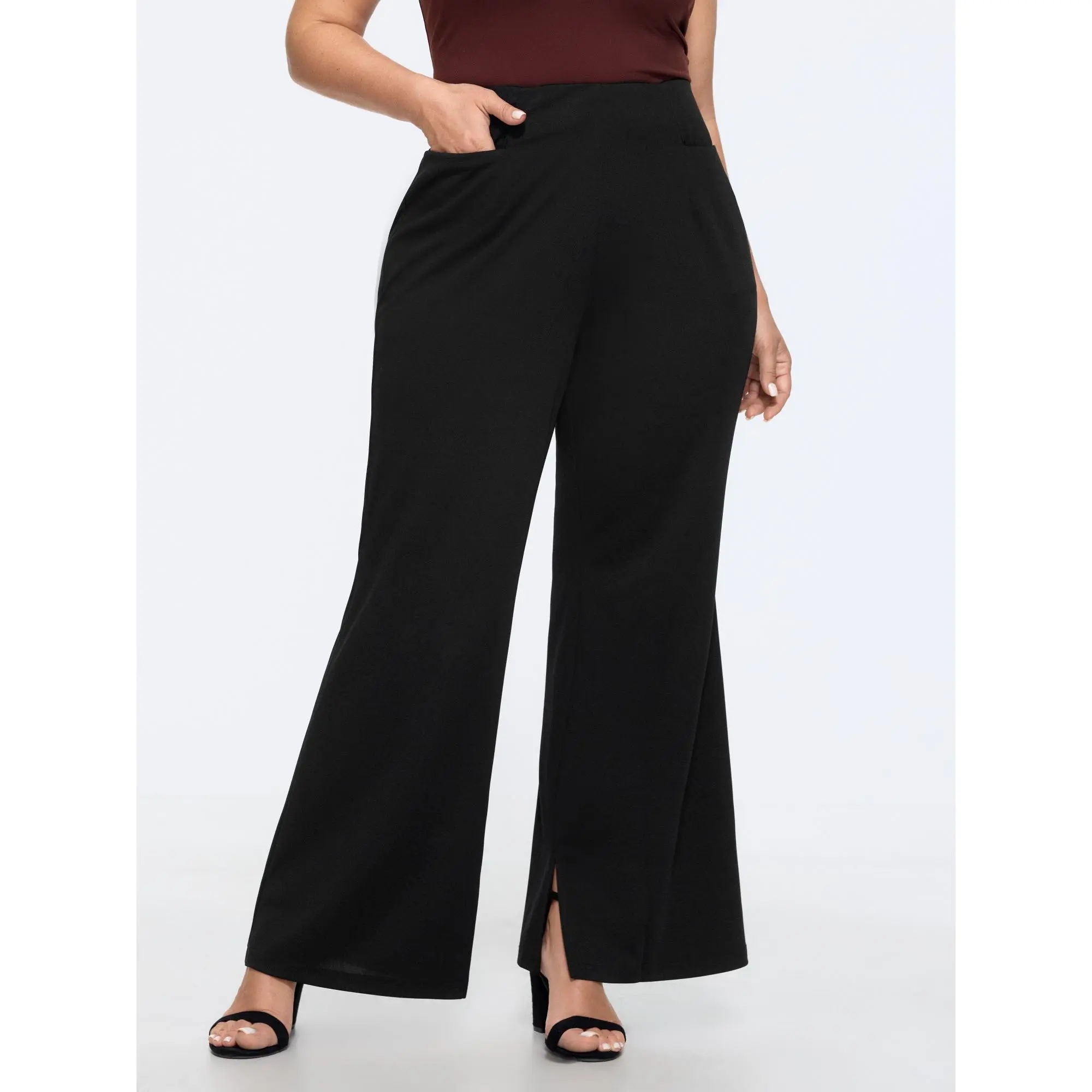 BLOOMCHIC Women's Plus Size Basic Spandex Fabric Solid Pocket Split Hem Flared Bottoms - Garment, 2026 Summer Finds [M-6X]