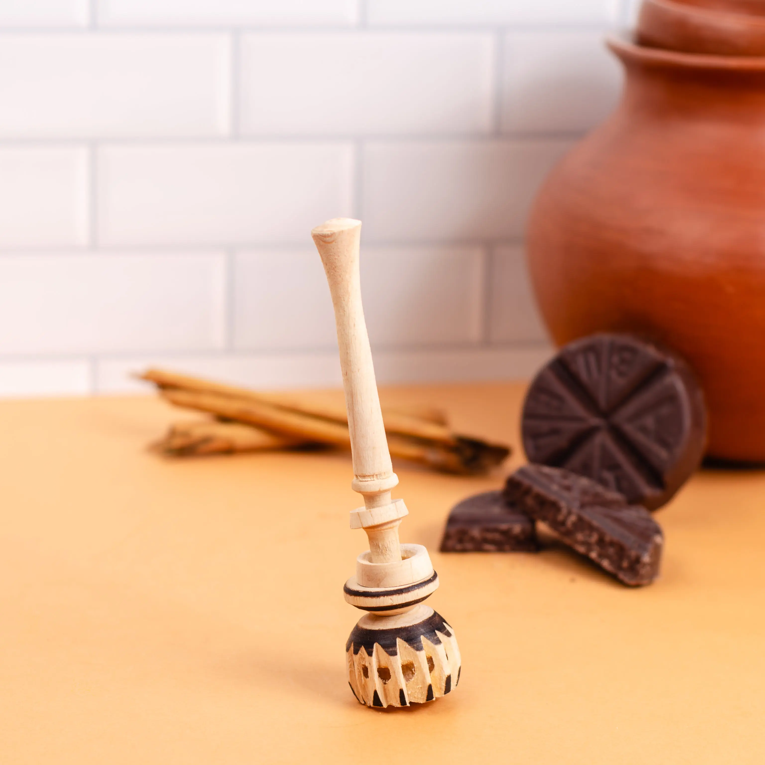 Small Natural Wooden Molinillo Whisk - Handmade Kitchen Utensil, Manual Tool with Artisanal Nature for Hot Beverage Stirring