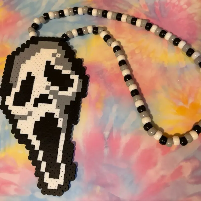 Ghostface Inspired Kandi Perler Necklace for Raves & Festivals - Large Black and White Horror Kandi Necklace