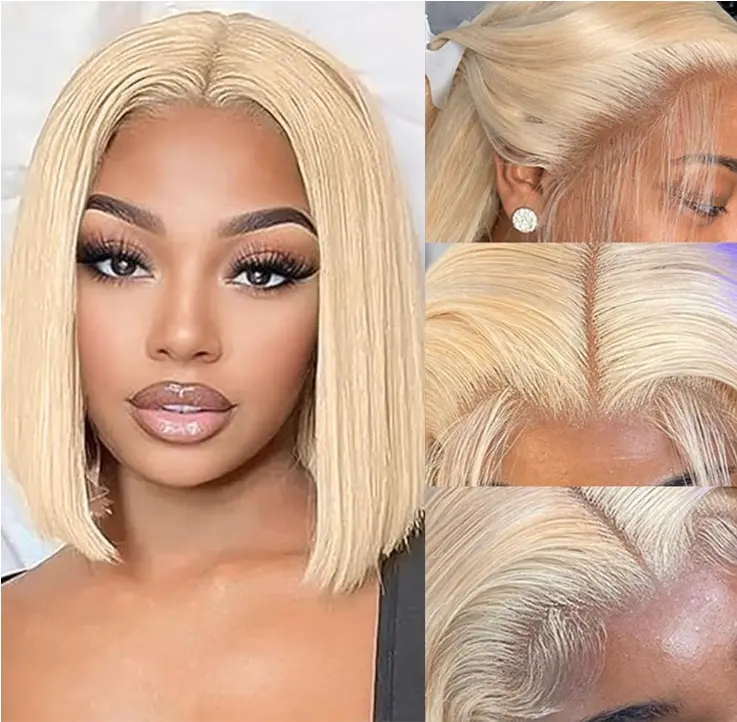 Cute Curls Hair 13x4 HD Lace Front Bob Wig Human Hair Straight Short Bob Wig with Drawstring Pre Cut Lace Bleached Knots Beginner Friendly Natural Hairline Short Straight Bob Wig for Women 613 Blonde Bob Wig Natural Black Color blonde color