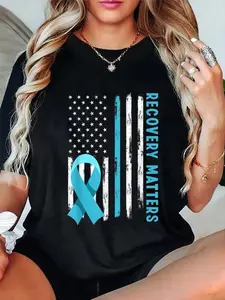 100% Cotton American Flag Drug Alcohol Addiction Recovery Awareness T-Shirt Women's vintage Summer vacation tops Graphic Tee