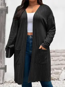 【Plus Size】 Solid Color Drop Shoulder Pocket Ribbed Cardigan, Casual Long Sleeve Open Front Knitwear for Fall & Winter, Women's Plus Clothing for Daily Wear, Knitted Sweater