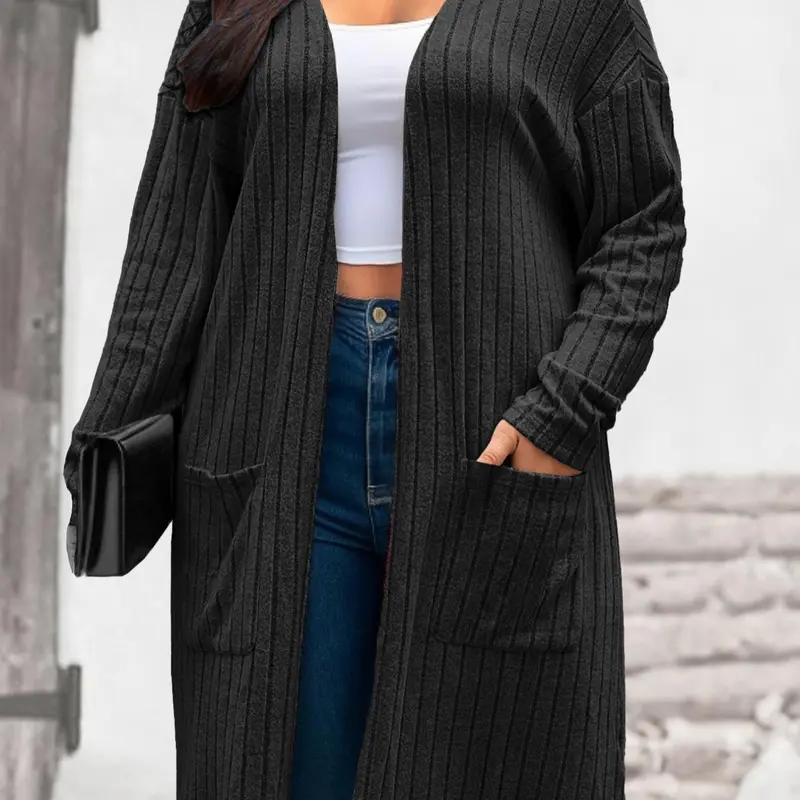 [Plus Size] Solid Color Drop Shoulder Pocket Ribbed Knitted Cardigan, Casual Long Sleeve Open Front Knitwear for Fall & Winter, Women's Plus Clothing for Daily Wear