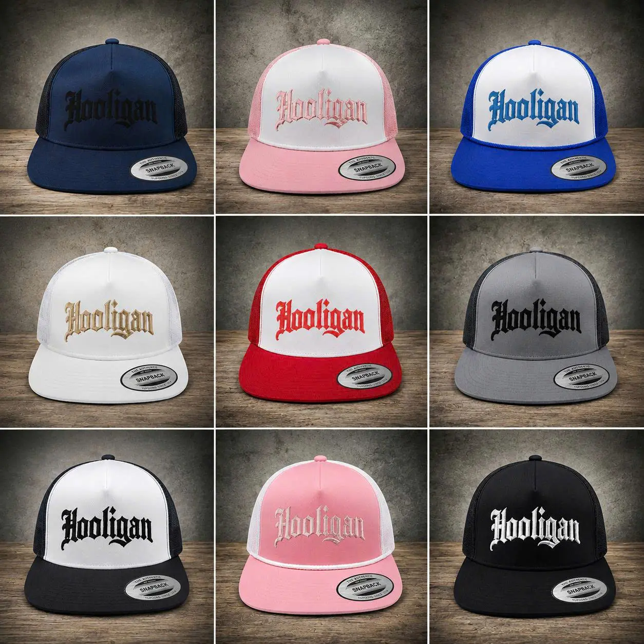 Hooligan Gothic Embroidered Trucker Hat Vintage Old English Letter Mesh Snapback Adjustable Flat Bill Cap Unisex Streetwear