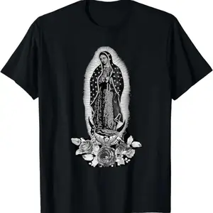 [100% Cotton] Black T-Shirt With Classic Our Lady Of Guadalupe Artwork And Floral Details