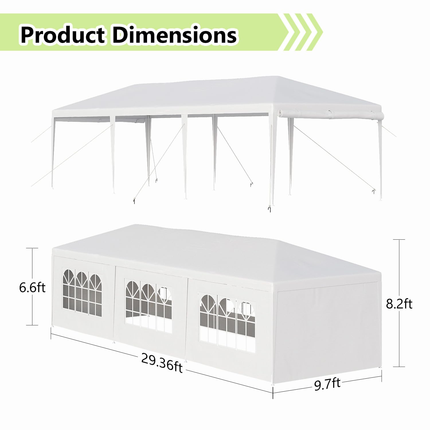 10x30 Party Tent with Removable Sidewalls for Outdoor Events | Waterproof PE Canopy with Mesh Windows, 2 Zippered Doors, Rust-Resistant White Steel Frame for Weddings, Parties & BBQs  10'x30' Outdoor Party Tent with 8 Removable Sidewalls