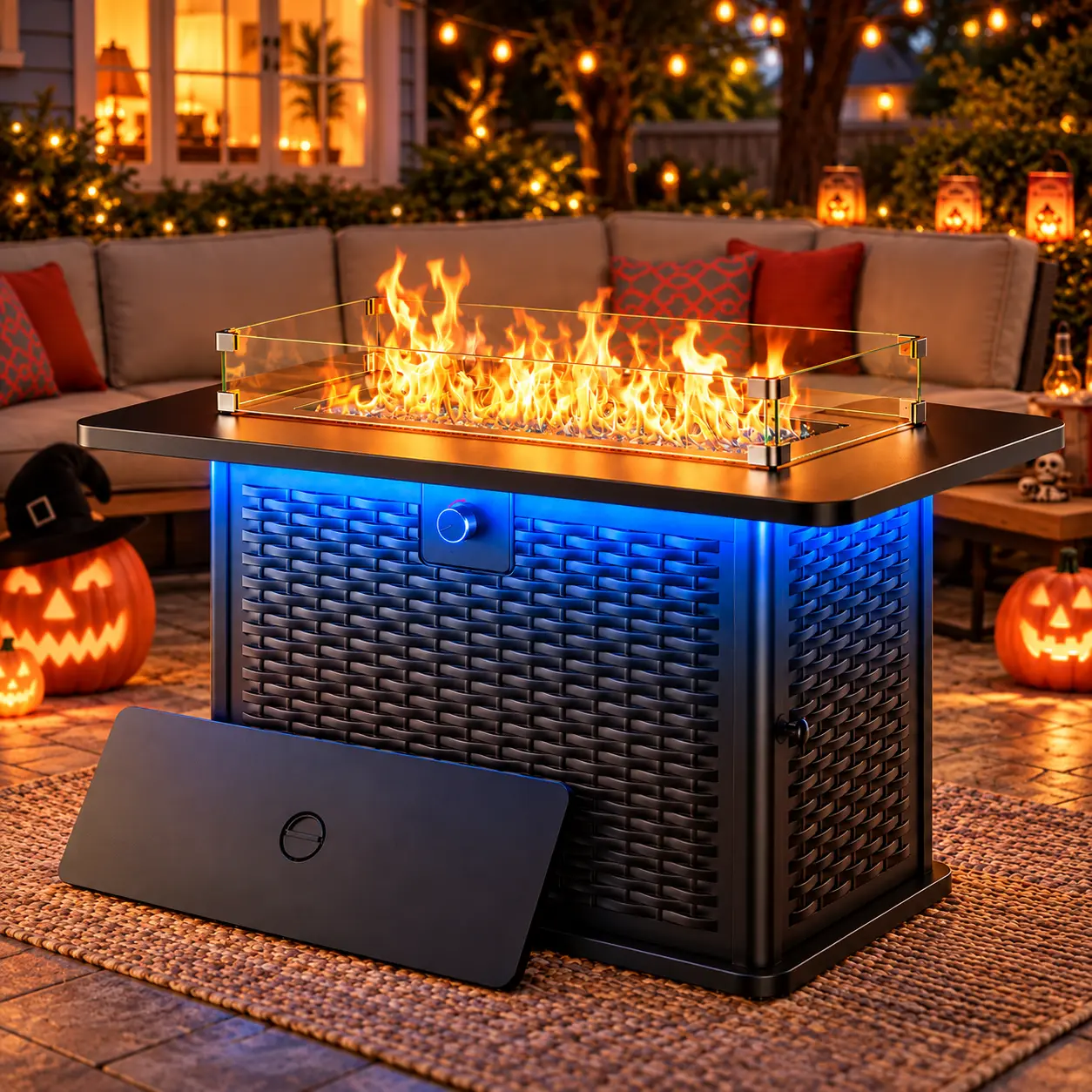 43" Rectangular Propane Fire Pit Table - 60,000 BTU CSA Certified 2-in-1 Modern Solid Steel Outdoor Fireplaces, RGB Lights, 304 Stainless Steel H-Burner, Adjustable Flame, Glass Stones, Wind Guard, Cover, Black for Patio Family Gatherings, Modern Outdoor,