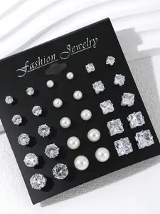 1 Set Ear Stud Earrings with Artificial Crystal and Pearl, Round Square Clear Cubic Zirconia Studs, Trendy Beach Fashion Accessories, Stud Earrings Jewelry