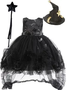 (Dress + all accessories)Girls' black tuxedo dress with train for catwalk performances sequined princess dress Halloween costume