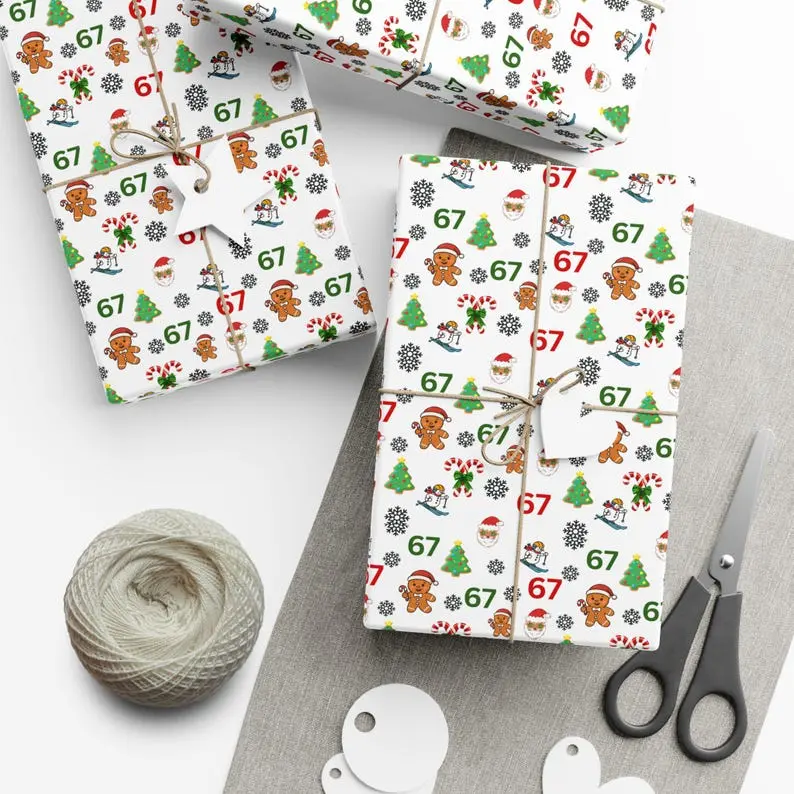 67 Meme Christmas Wrapping Paper, viral TikTok-style wrapping paper for funny holiday gifts.