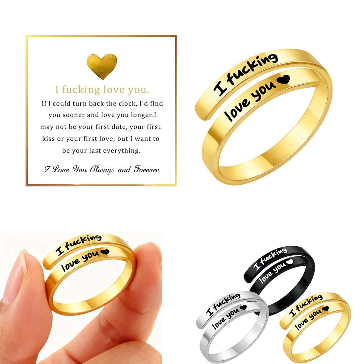 Stainless Steel Adjustable Open Ring - Slip-On Band, 1 Size, Women's Wedding Promise Ring, Everyday Wear Jewelry