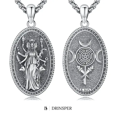 DRINSPER Hecate Hypoallergenic 925 Sterling Silver Triple Goddess Pendant Accessory Necklace, Unisex Electroplated Oxidized Non Tarnish Spiritual Amulet for Pagan Wiccan Fans