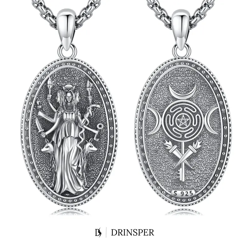 DRINSPER Hecate Hypoallergenic 925 Sterling Silver Triple Goddess Pendant Accessory Necklace, Unisex Electroplated Oxidized Non Tarnish Spiritual Amulet for Pagan Wiccan Fans