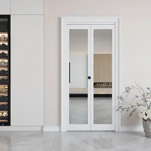 Bifold Sliding Mirror Door, Solid Wood & MDF with Water-Proof PVC Surface for Dining Room, Bedroom, Closet, Laundry Room, Bathroom,with Concealed Hardware Kit Included,Easy Install,White