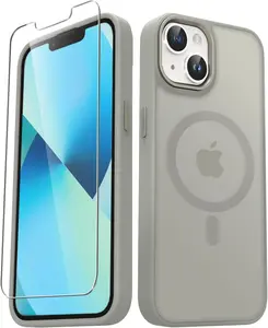 for  14 Plus Case, Matte  Phone Case with 1 Screen Protector, Support for Magsafe, Translucent Frosted Slim Shockproof Protective Cover for  14 Plus 6.7 inch, Titanium Gray