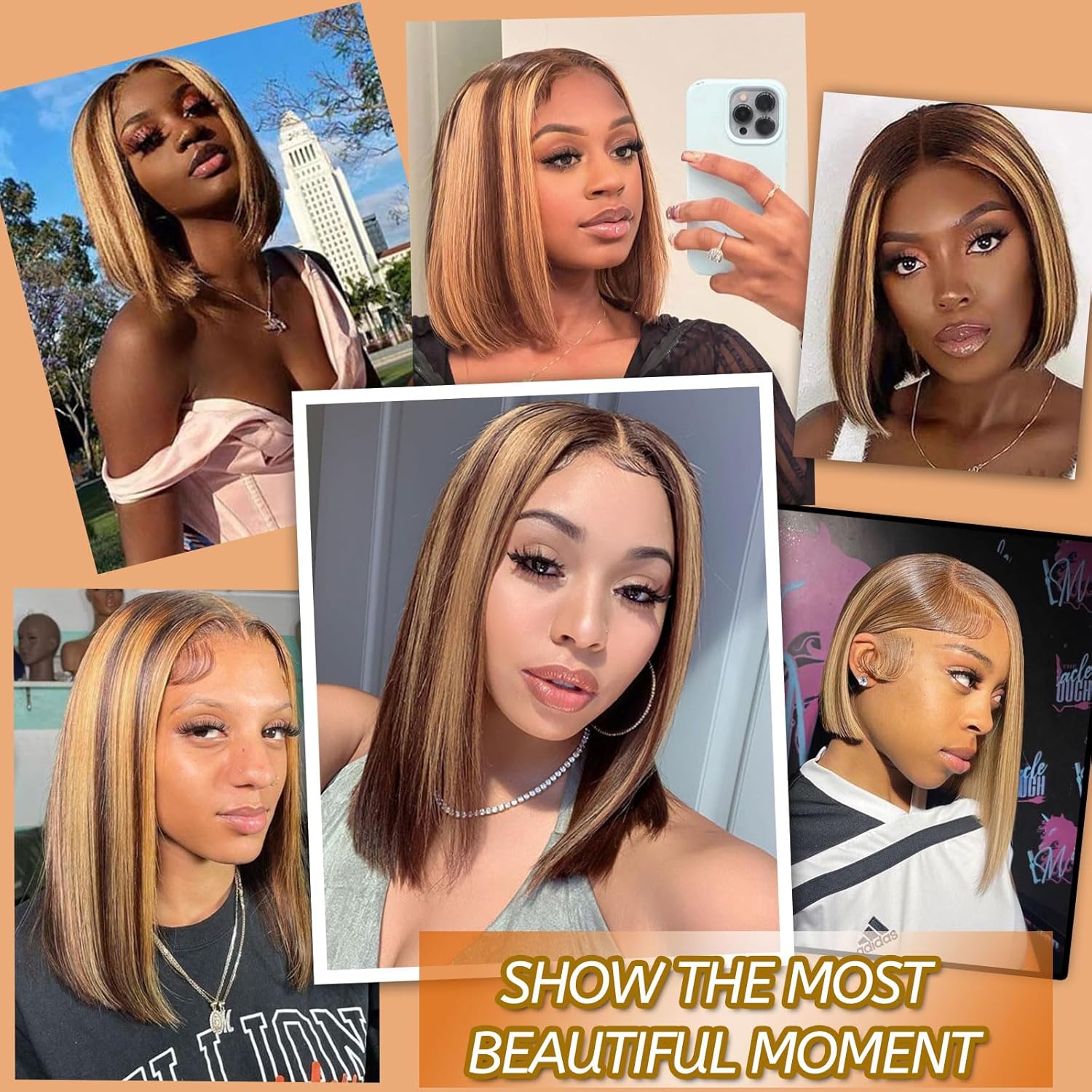 SDDRSRA Ombre Highlight Bob Wig Human Hair 13x4 Lace Front Wigs P4/27 Colored Wigs 14 Inch Honey Blonde Bob Human Hair Wig 180 Density Glueless Short Human Hair Wigs for Women Pre Plucked With Baby Hair