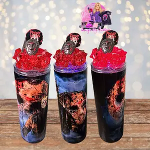 20 Oz Stainless Steel Hockey Mask Halloween Character Light Up Ice Tumbler with Removable Magnetic Lid Featuring Friday the 13th Design