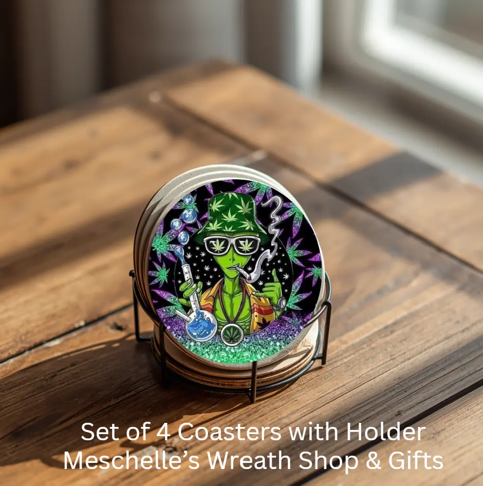 Smoking Alien House Round Ceramic Coasters Set of 4 with Metal Holder, Tableware for Coffee Drinks