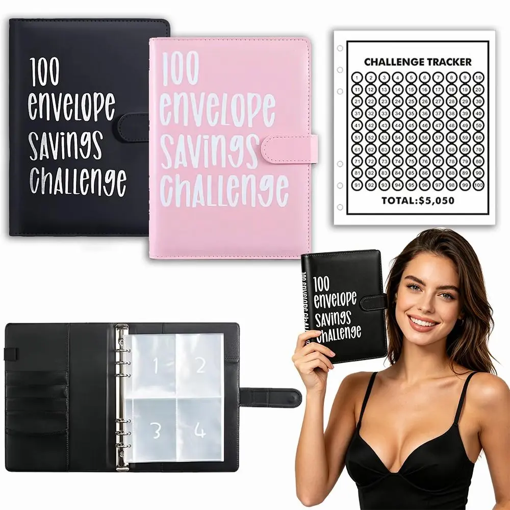 A5 savings challenge pocket-sized compact binder with 100 envelopes, transparent plastic cash pouches, savings data log card, black, pastel sky blue gradient hues
