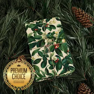 Holiday Berries and Mistletoe Wrapping Paper, Christmas Green Red and White Gift Wrap, Elegant Xmas Giftwrap for Winter