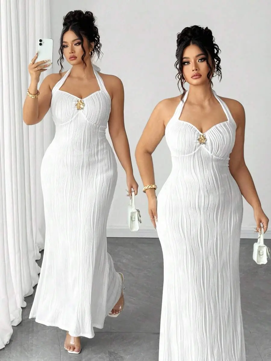 ELIEEN Plus Size Women Elegant White Sleeveless Knit Bodycon Dress With Metal 3D Floral Decor, Suitable For Daily Wear And Dates