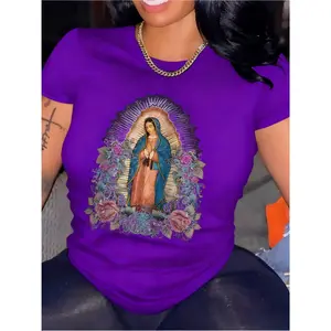 100% Cotton, Multiple Colors Available, Women's Vintage Religious Pattern T-Shirt - Virgin Mary Floral Shirt - Soft and Breathable Casual Top - Suitable for Church, Festivals, Daily Wear - Women's Vintage Catholic Clothing
