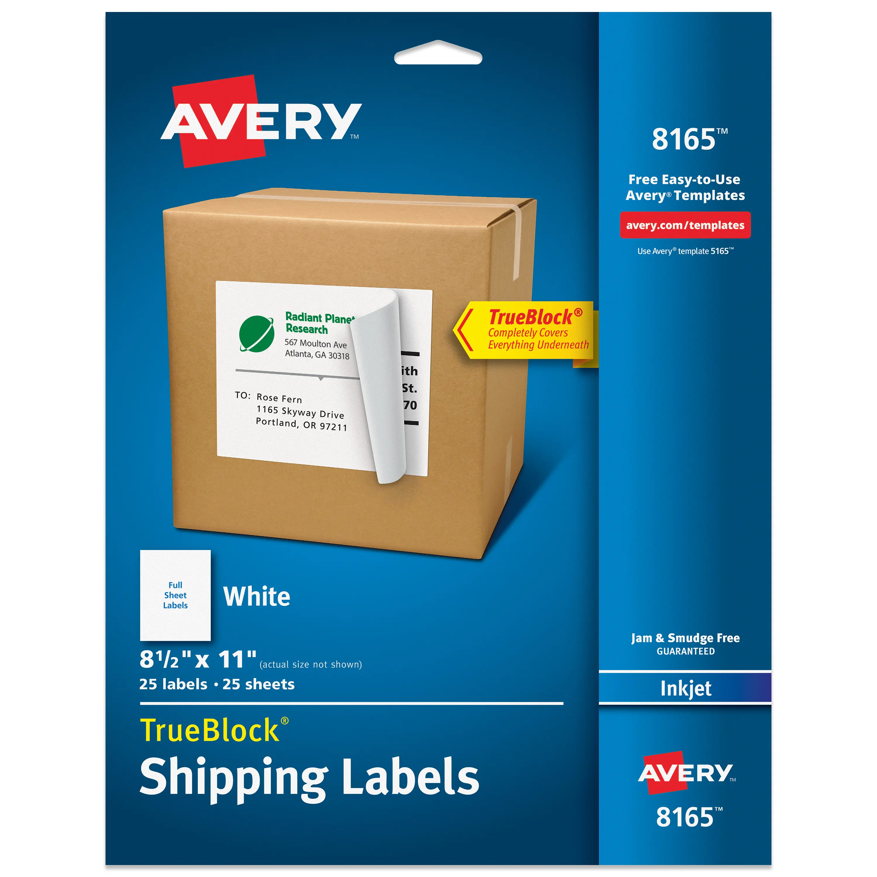 Avery Full-Sheet Printable Shipping Labels, 8.5" x 11" Customizable Stickers, White, 25 Blank Mailing Labels (8165)