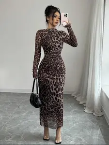 Elegant Women's Leopard Print Mesh Ruffle Dress, Long Sleeve Slim Fit All Season Fashion, Stylish Ladies' Clothing, Womenswear, Elegance