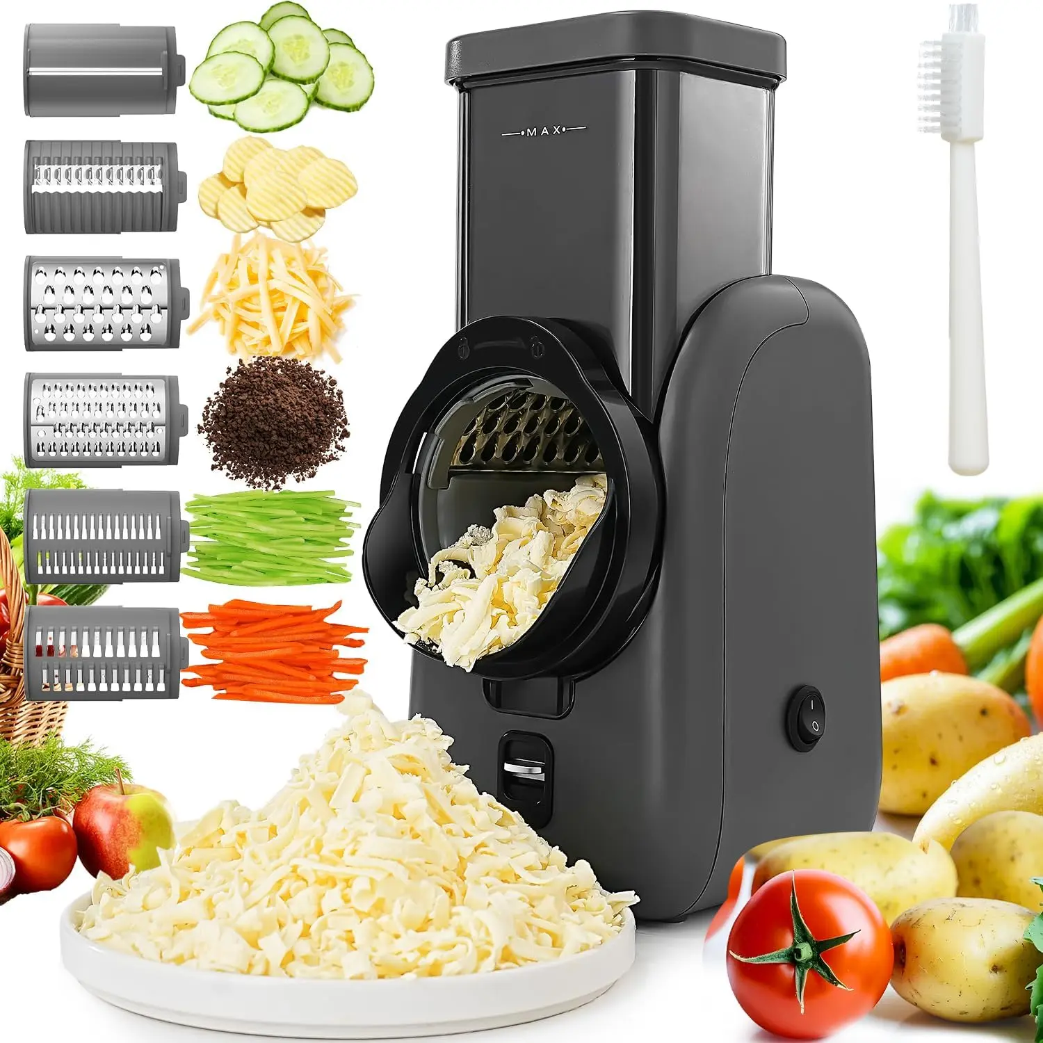 Electric Cheese Grater Rotary Slicer-One-Touch Control Vegetable Slicer, Nuts  Cheese Shredder for Home Kitchen Use, 6 Replaceable Stainless Steel (Black)