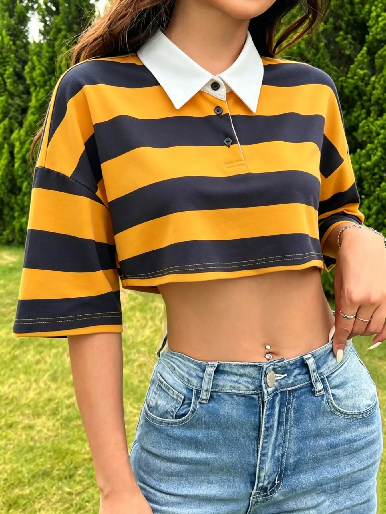 Summer Fashion New Arrival Women's Crop Short Striped Collared Polo Shirt, Colorblock Collar Button Short Sleeve Top, Casual Street Style, Womenswear