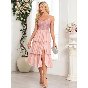 Pink Sequin Tiered Midi Dress with Spaghetti Straps - Sleeveless Flowing Design for Weddings Parties and Special Events - Perfect for Guests and Special Occasions - Formal Womenswear Workwear Basic
