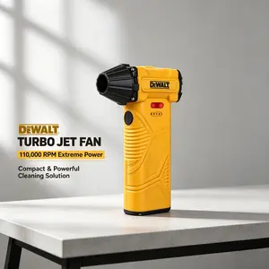 DEWALT Mini Air Blower. Portable rechargeable turbo fan with Type-C charging, strong airflow and 4-speed control. Perfect for daily cleaning and workshop use, built with sturdy ABS body and LED battery display.