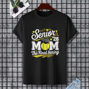 Softball Senior Mom 2026 The Final Inning T-Shirt, 100% Cotton, Single Side Printed, Black Short Sleeve T-shirt, Gift for Family Friends, S-XXXL, 1 pc, Fabric Weight 180g