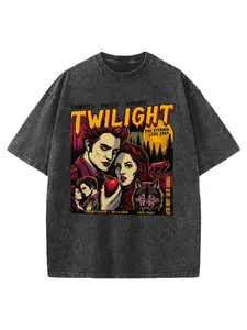 Twilight Vintage Horror Print Loose Short Sleeve T-Shirt, Unisex Fitted Long Clothing, Geometric Pattern, All Seasons Wear