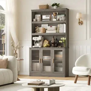 73" Tall Bookcase with Door, 5-tier Tall Bookshelf with Counter Top, Tall Storage, Kitchen Pantry Cabinet for Home Office Living Room, Wash Gray