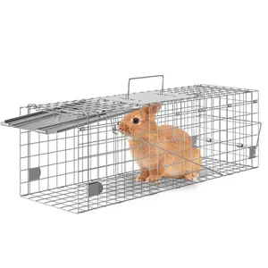 VEVOR Live Animal Cage Trap, 24x 8x 8 Humane Cat Trap Galvanized Iron, Folding Animal Trap with Handle for Rabbits, Stray Cats, Squirrels, Raccoons, Groundhogs and Opossums