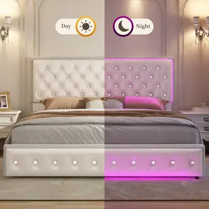 Queen Size Upholstered LED Bed Frame with Smart LED Lights,Storage Drawers &Crystal Tufted Headboard, Noise-Free, No Box Spring Needed,PU White