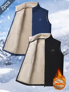 Men's Winter Fleece Lined Warm Vest Sherpa Fleece Stand Collar Jacket Zipper Front Closure Suitable For Outdoor Activities Sports And Casual Wear