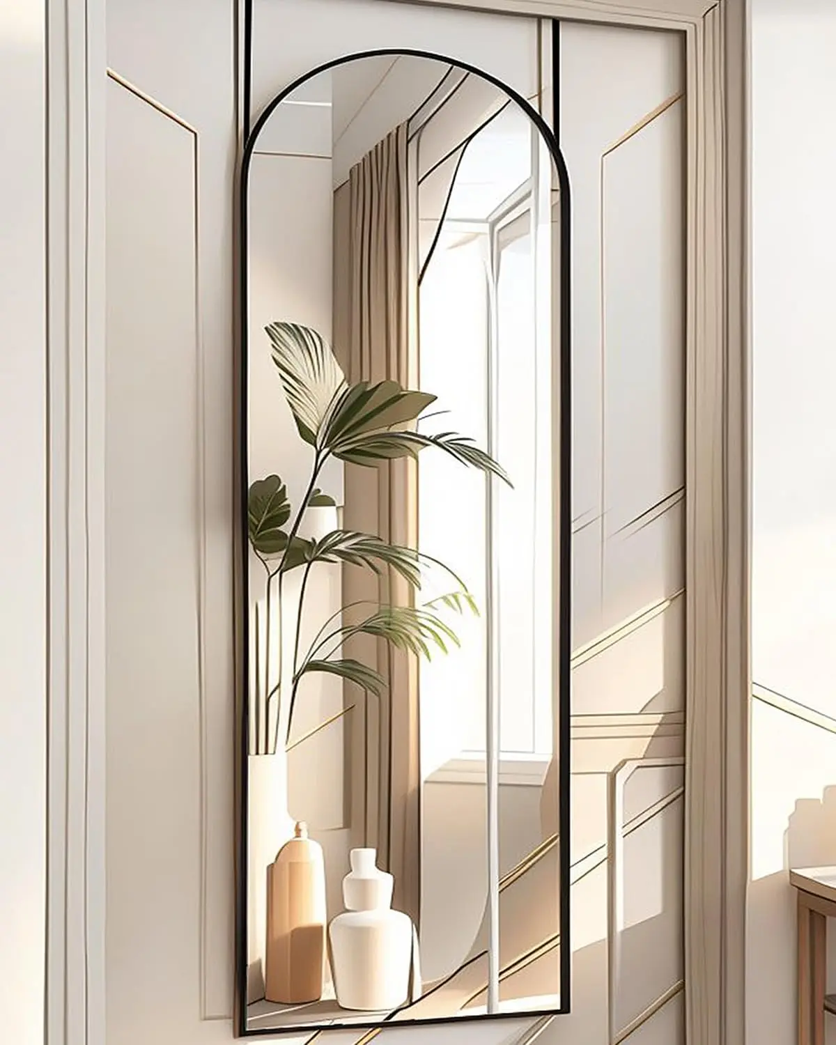 Over The Door Mirror - 16"x50" Full Length Arched Vertical Wall Mirror, Black