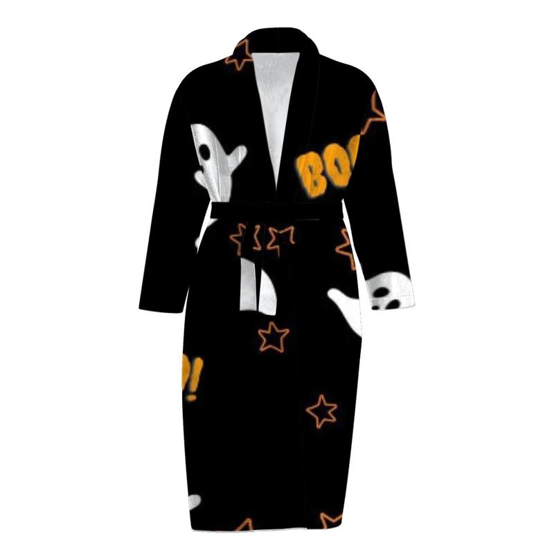 Flannel robe Halloween print autumn and winter plus velvet warm mid-length bathrobe home wear pajamas christmas pajamas