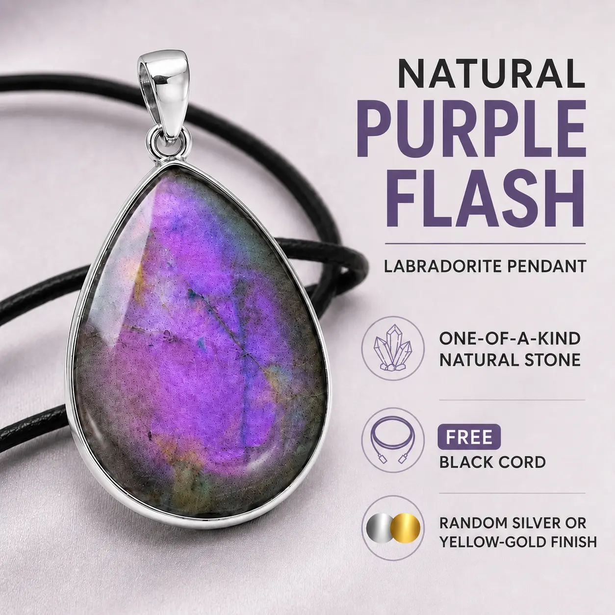 Natural Purple Flash Labradorite Pendant Necklace with Free Black Cord, Hand-Polished Teardrop Crystal Jewelry, Random Silver or Gold Finish