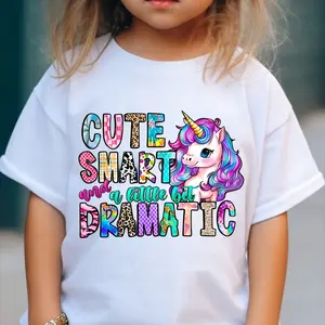 Girls' T-Shirt with Colorful Unicorn Pattern Print And Letter Print for Comfortable And Casual Round Neck Short Sleeves