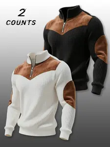 Men's 2-Piece Stand Collar Pullover Sweater Set, Fall & Winter Warm Half Zip Plain Knit Knitwear Vintage Streetwear, Casual Fitted Style