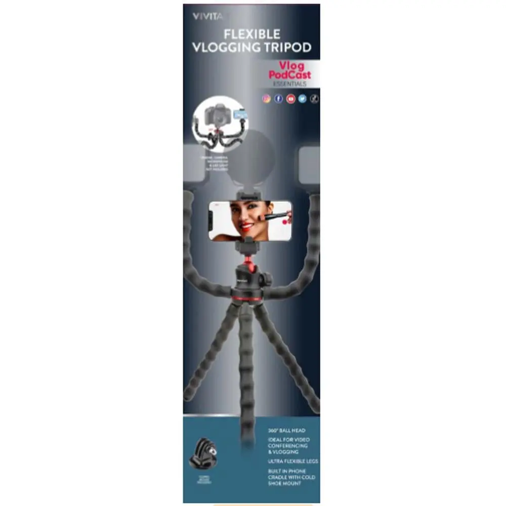 Vivitar Flexible Tripod Mount with Ball Head & Flash - Cellphone, Smartphone Selfie Accessories for Electronic Devices (VIVVL5LEGKIT)