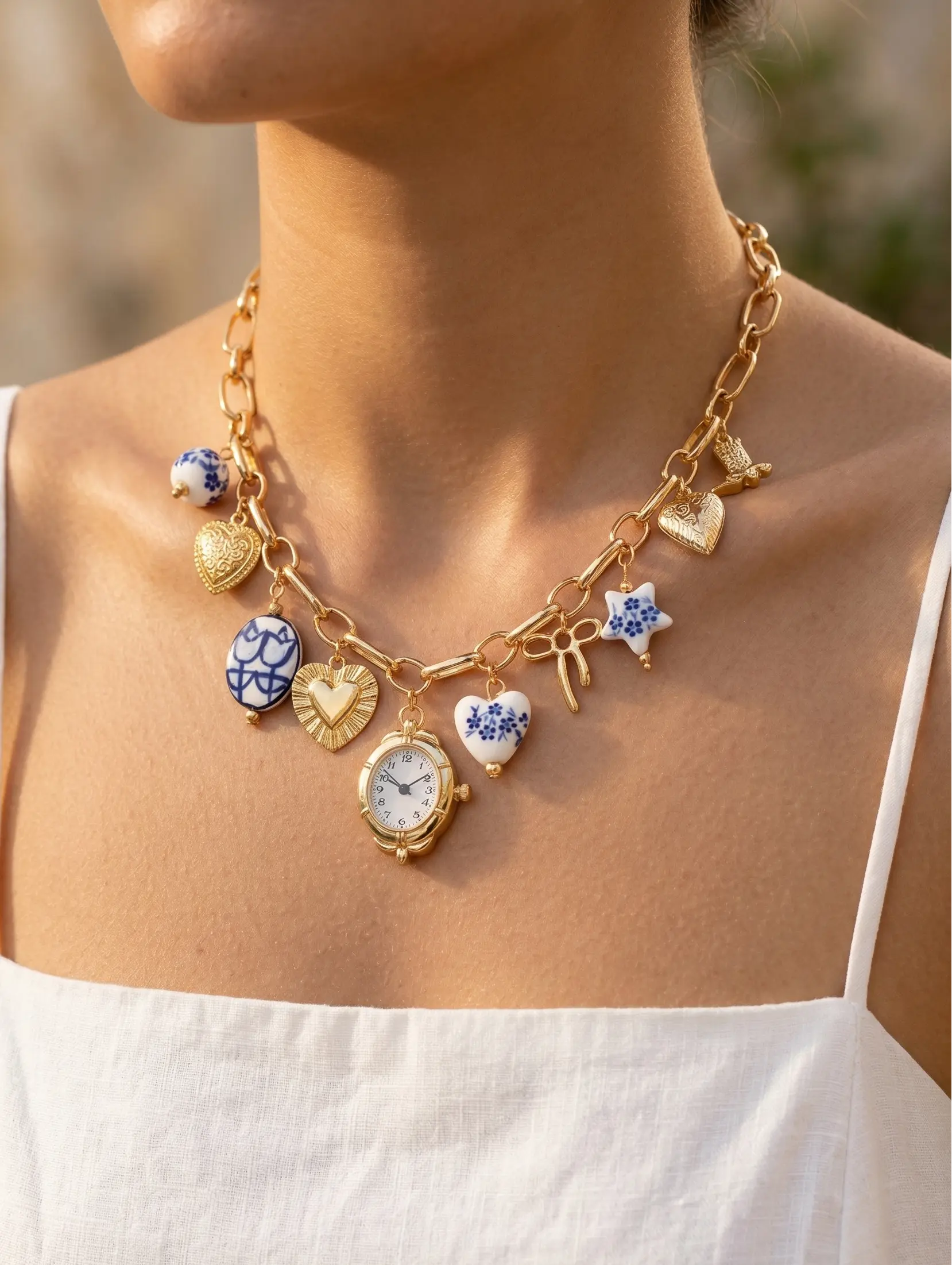 Floral Blue Ceramic Faux Watch Charm Bracelet & Necklace   – Gold Porcelain Set (Buy Together Or Seperately) (Copy)