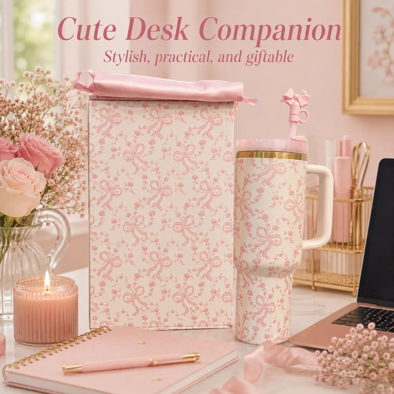 Women's Stylish Coquette Aesthetic Pink Floral Bows Travel Tumbler - Kitchenware Drinkware, Vacuum Flask with Handle, Straw, Large Capacity, Reusable Gift Double Wall Stainless Steel Can Cup book lover print bookshelf tumbler leakproof flexible bookish
