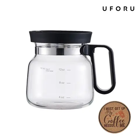 UFORU 16oz Glass Coffee Mug with Lid - Glass Body, Pot Shape, Ounce Scale, 4.9in Tall, 3.8in Wide, Ergonomic Handle, Included Coaster, Ideal Gift for Coffee Lovers
