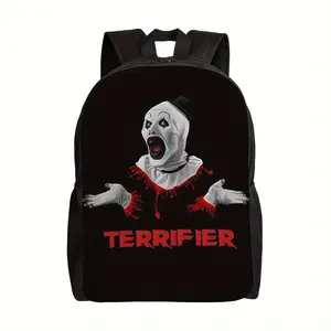 Men's Gothic Horror Backpack - Menacing Ghostly Face & RED 'TERRIFIER' Text, Heavy-Duty Polyester Backpack with Adjustable Shoulder Straps, Horror-Themed Bookbag for Halloween, College, Cosplay - Spooky Backpack for Horror Fans, Halloween Accessory, Bold