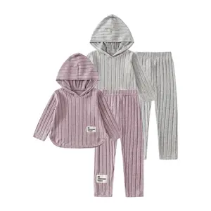 4-piece girls' autumn rib knit hooded pullover casual slim and comfortable trousers suit 3-12-year-old children's elegant skin-friendly simple knitted children's wear