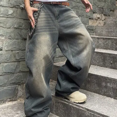 Men’s American vintage washed wide-leg straight-cut jeans — premium denim, Hong Kong–style solid color street casual, all-season commuter-friendly versatile long pants